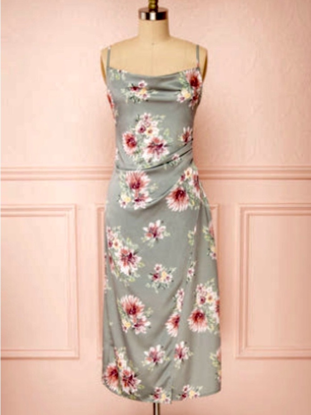 *NWOT* Sage Green Floral Cowl Midi Wrap Dress